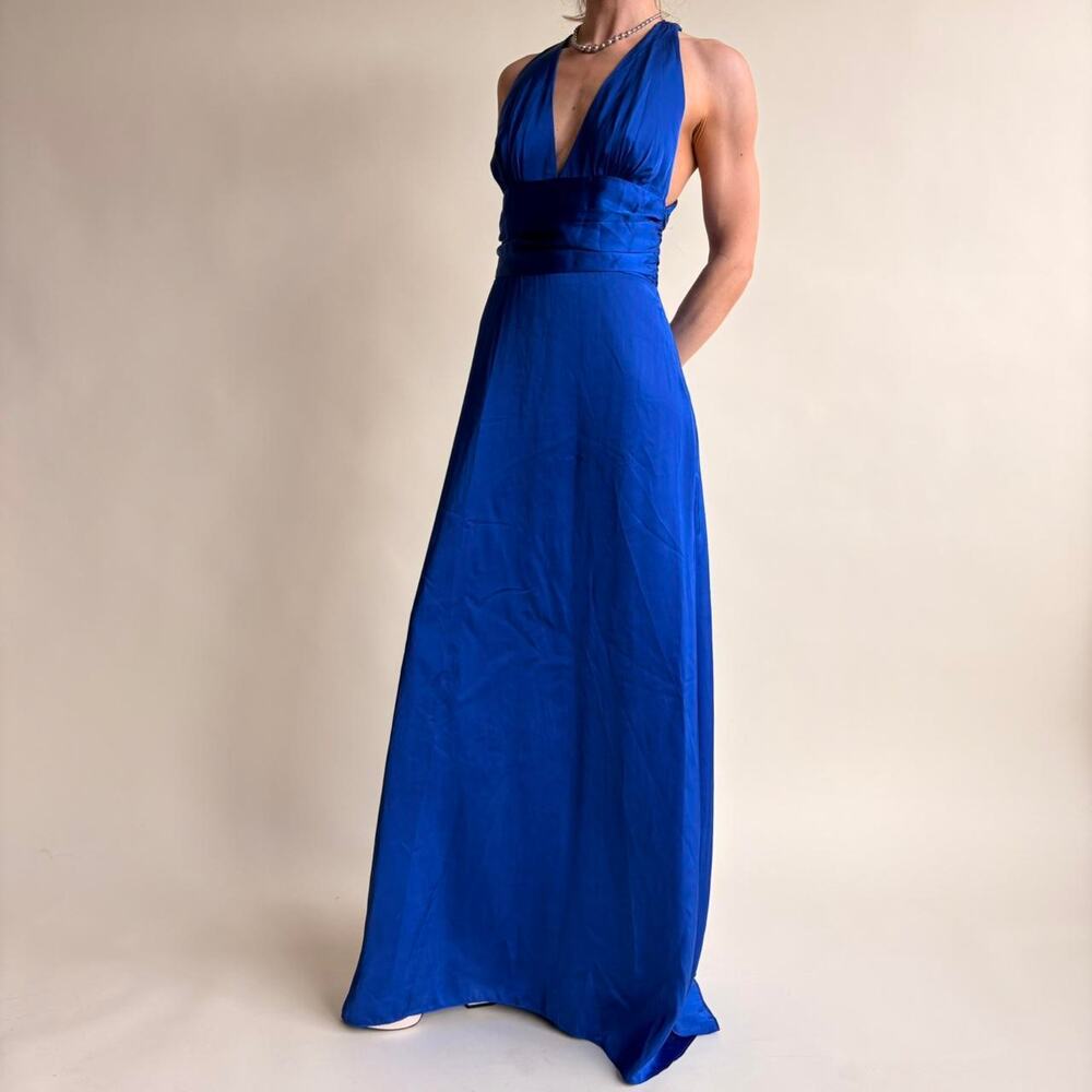 Royal Blue Y2K Halter Maxi Dress - Plunging V-Neck, Size 6
